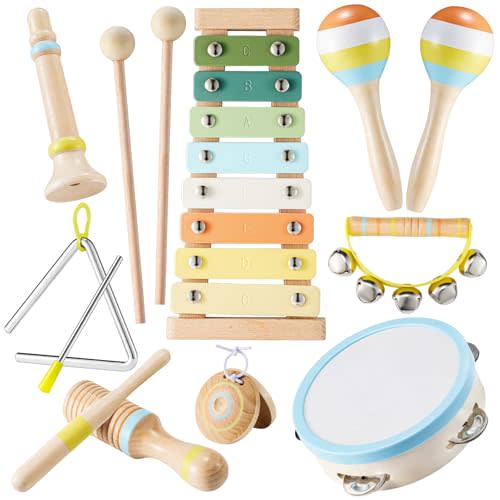 Baby Musical Instruments Set Montessori Wooden Music Toys for Toddlers 3 4 5 Neutral Color Percussion Music Kit with Drum, Xylophone,Storage Bag, Birthday Preschool Learning Gift for Boys Girls