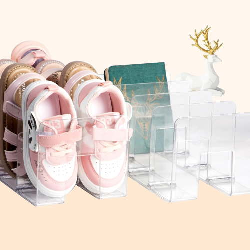4PACK Clear Acrylic Kids Shoe Rack for Closet Organizers and Storage, Small Clear Shoe Rack 4 Sections Toddler Baby Shoe Storage Organizer Stackable Shoe Shelf,Desk File Sorter Book Purse Organizer
