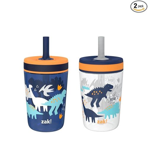 Zak Designs Kelso Toddler Cups For Travel or At Home, 15oz 2-Pack Durable Plastic Sippy Cups With Leak-Proof Design is Perfect For Kids (DinoRoar, Zaksaurus)