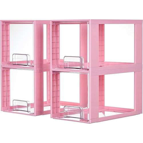 4 Pack Large Stackable Storage Drawers,Pink,Easily Assemble Acrylic Bathroom Closet Undersink Organizers and Storage,Plastic Bins for Kitchen Cabinets,Pantry,Makeup,Medicine Organization