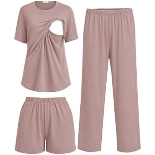 Women 3Pcs Maternity Nursing Pajamas Sets Short Sleeve Breastfeeding Pjs