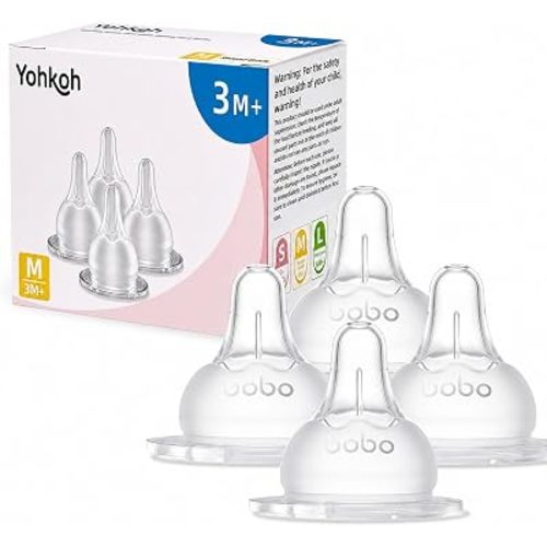 YOHKOH Baby Bottle Nipples for Wide Neck Bottles, 100% Natural Feel Silicone Nipples, BPA-Free (3m+, M, 4 Counts)