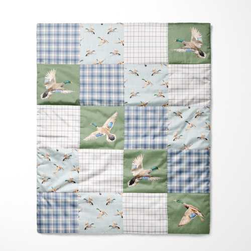 Baby Boy Crib Quilt, Duck Hunting, Organic Cotton, Plaid, Green and Blue, Comforter