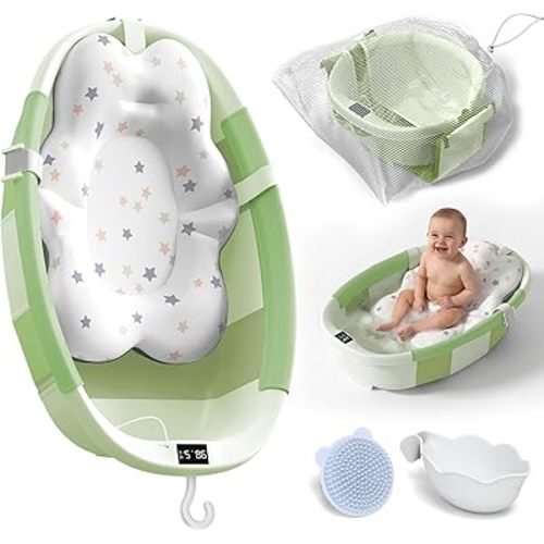 Collapsible Baby Bathtub - Large Baby Bath Tub with Thermometer | Bath Essential Bañera para Bebe Easy Fold Baby Tub | Travel Infant Newborn Toddler Bathtub for Baby Girl Boy 0 to 36 Months(Green)