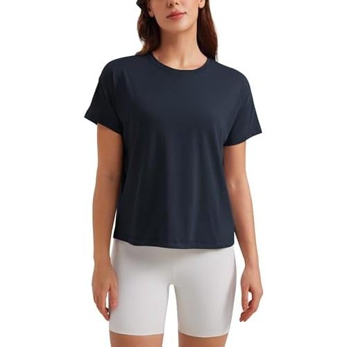 CRZ YOGA Pima Cotton Short Sleeve Workout Tops for Women Loose Basic T-Shirts Athletic Gym Casual Shirts