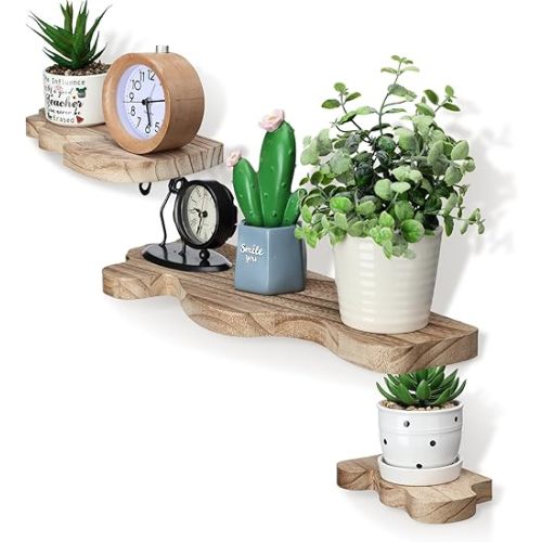 Suzile Set of 3 Small Rustic Wave Edge Floating Shelf 3 Size Live Edge Wooden Shelf with Metal Bracket Wall Mounted Display Ledge Shelves Farmhouse Vintage Wall Decor for Living Room Bedroom (Walnut)