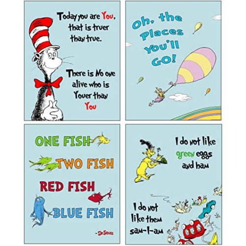 Dr Seuss Kids Photo Prints WallArt - Adorable Wall Decor for Bedrooms Nursery Play Room - Blue Pastel Background (Also Available in Pink Green or Yellow Background)