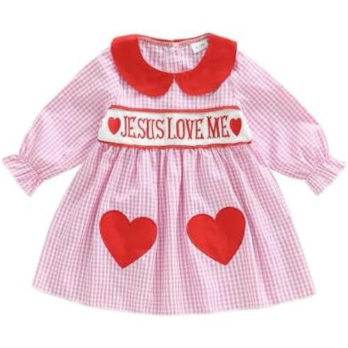 Toddler Girl Valentines Day Dress, Long Sleeve Love Heart Smocked Dress Vintage Princess Plaid Dress A-line Dress