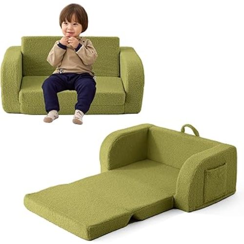 Toddler Couch, 2-in-1 Toddler Chairs Comfy 1-3 Years Old, Toddler Chair for Girls and Boys, Kids Couch Bed Fold Out, Convertible Baby Sofa to Lounge Chair for Playing, Reading, Napping, Double, Green