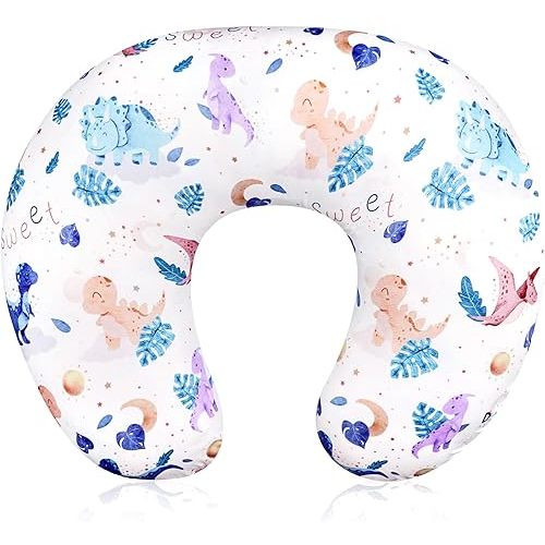 DILIMI Nursing Pillow Cover Stretchy Removable Case for Breastfeeding Pillows, Ultra Soft Comfortable Slipcover for Baby Girl and Boy, Watercolor Dinosaur and Leaves