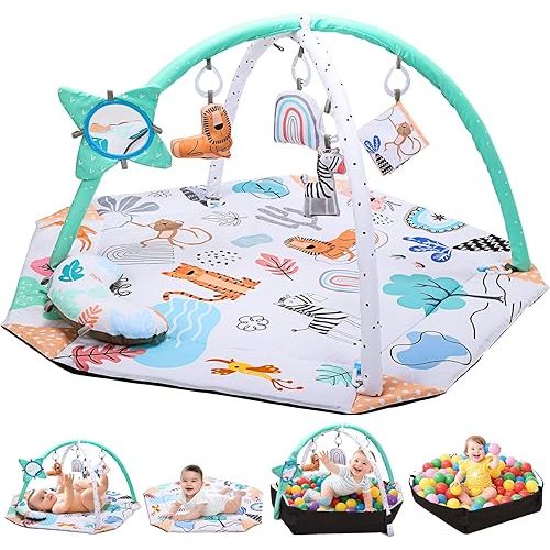 Baby Gym Play Mat, Tummy Time Mat with 5 Toys, Baby Activity Play Mat, Baby Toys Gift for Toddler & Infant