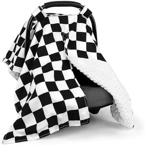 DILIMI Baby Car Seat Cover, Minky Warm Car Seat Covers for Babies, Peekaboo Opening Infant Car Seat Cover, Nursing Cover Carseat Canopy, Black Checkered
