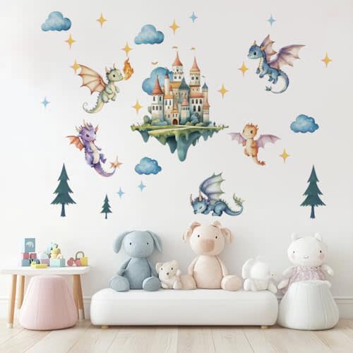 SUPERDANT Flying Dragon Wall Stickers Cartoon Castle Wall Decor Nursery Stickers Dragon DIY Vinyl Murals Peel and Stick Wallpaper Art Decals for Kids Room Playroom Livingroom Baby Room Decor