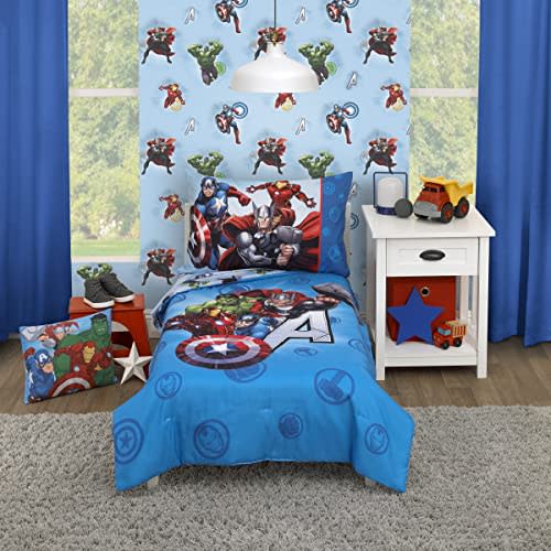 Disney Marvel Avengers Fight The Foes Blue, Red, Green Hulk, Iron Man, Thor, Captain America 4 Piece Toddler Bed Set - Comforter, Fitted Bottom Sheet, Flat Top Sheet, and Reversible Pillowcase