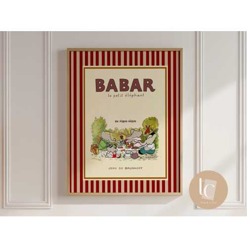 Babar the elephant le picnic nursery wall art retro kids decor quote wall art genre neutral baby wall art illustration nursery print