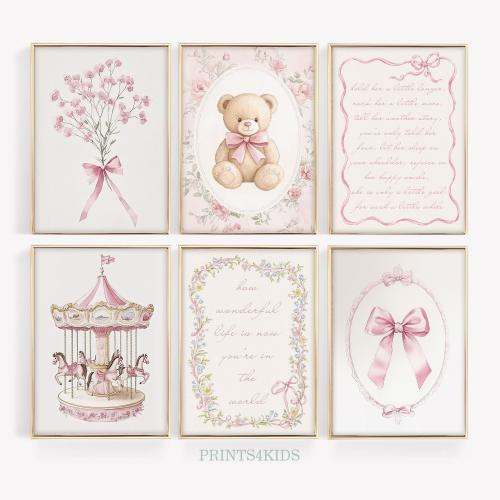 Girl Nursery Wall Art, Printable Set of 6 Pink Prints for Girl Room Decor, Vintage Bear Nursery Art, Lullaby Poem Poster, Floral Bow Art