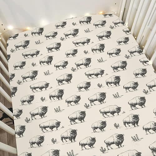 Vintage Buffalo Cactus Baby Crib Sheets for Boy Girl 52"x28" Retro Bison Cactus Soft Stretchy Fitted Crib Mattress Cover Wild Animal Baby Sheet Fits Unisex Standard Bed and Toddler Mattress