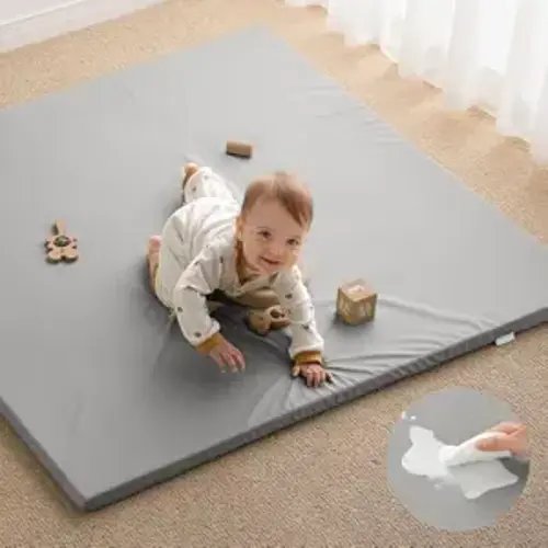 Blissful Diary Vegan Leather Baby Play Mat, 50''x50'', Light Gray