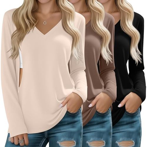 Huukeay 3 Pack Women's Long Sleeve Nursing Tops, Breastfeeding Hidden Zippers Shirts V Neck Maternity Pregnancy Tees Clothes