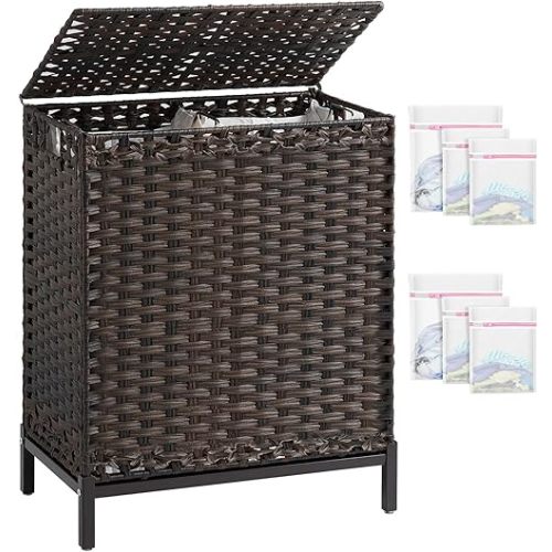 Laundry Hamper with Lid, 112 L Handwoven Rattan Wicker Laundry Basket, 2 Removable Liner Bags Metal Heightened Feet, 6 Mesh Bags, 2 Section Large Clothes Hamper for Bathroom Bedroom, Brown