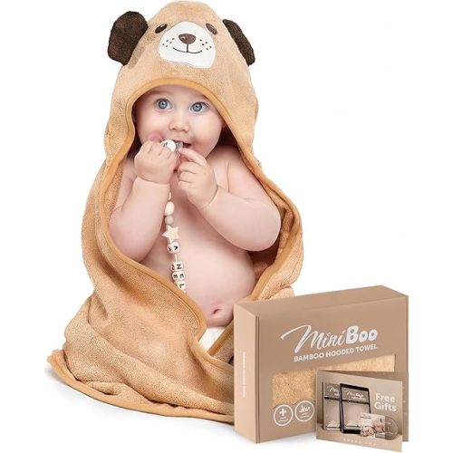 Miniboo Premium Bamboo Baby Hooded Towel with Unique Dog Design – Extra Soft and Absorbent Baby Towel for Newborn, Infant, and Toddler – Suitable as Baby Gifts