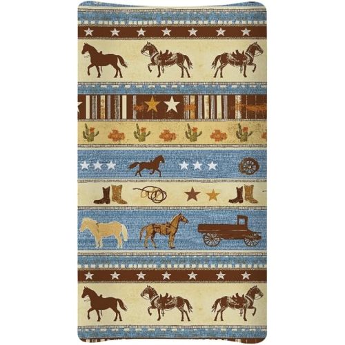 Western Cowboy Horse Changing Pad Cover for Baby Girls Boys, Baby Nursery Diaper Changing Mat Sheets Fit for 32"x16" Changing Table Covers Removable Soft Washable