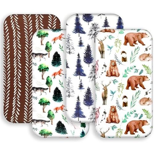 4 Pack Bassinet Sheets Woodland Forest Animals Wood Neutral Unisex Fitted Baby Bassinet Sheets Set for Standard Bassinets for Baby Boys or Girls