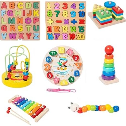 Montessori Wooden Educational Toy Set for Toddlers – 8-in-1 Toys for Kids with Xylophone, Alphabet Puzzle, Number Matching, Shape Sorter, Bead Maze, Clock, Rainbow Tower – Ages 3+