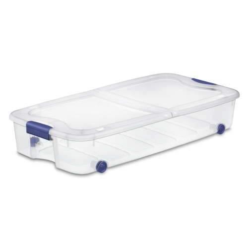Sterilite Large Storage Bin, 66 Quart Clear Underbed Storage Container with Latch Lid and Wheels, Blue