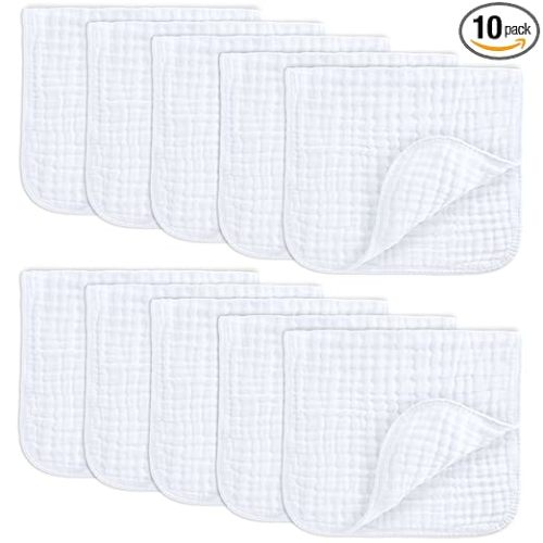 Comfy Cubs Muslin Burp Cloths 20x10" 10 Pack, Baby Burp Cloths - White