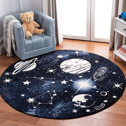 SAFAVIEH Carousel Kids Collection 3' Round Dark Blue/Light Blue CRK122M Outer Space Non-Shedding Nursery Playroom Area Rug