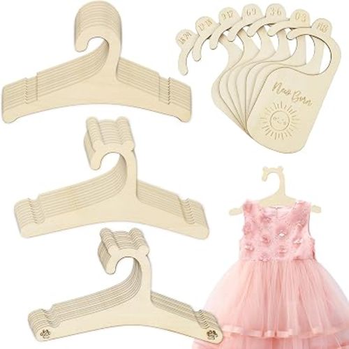 30 Pcs Baby Hangers, 9 inches Wooden Baby Coat Hangers with 7 Closet Divider, Cute Bear Ears Kids Clothes Hanger for Kids Jackets, Dresses, Blouses, Coat, Pants