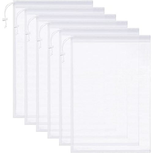 Frienda 6 Pieces Mesh Stuff Sack, 11 x 15 Inch Durable Nylon Drawstring Laundry Bag for Rinsing Beach Toys, Seashell Collecting, Mesh Bags and Travel(White)