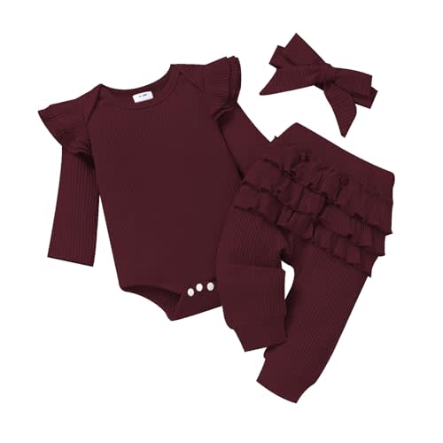 CETEPY Baby Girl Clothes Newborn Romper Long Sleeve Infant Outfits 3Pcs Ruffle Tops + Pants + Headband
