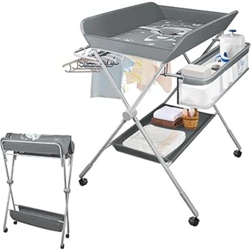 Baby Changing Table, Portable Folding Diaper Changing Station with Wheels, Adjustable Height Nursery Organizer with Safety Belt & Storage Basket & Hanging Rack for Newborn Baby and Infant (Gray)