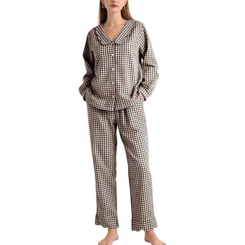 COZYPOIN Womens 100% Cotton Gingham Pajama Sets Scalloped Collar Button Down Long Sleeve Sleepwear Soft Plaid Loungewear