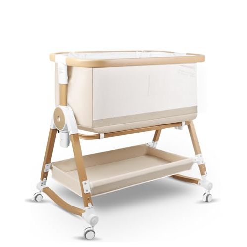 suihuooo 4 in 1 Baby Bassinet, Bassinets Bedside Sleeper with Wheels and Storage Basket, Adjustable 7 Heights Bedside Sleeper with Mosquito Net, Breathable Mesh Rocking Bassinet for Baby