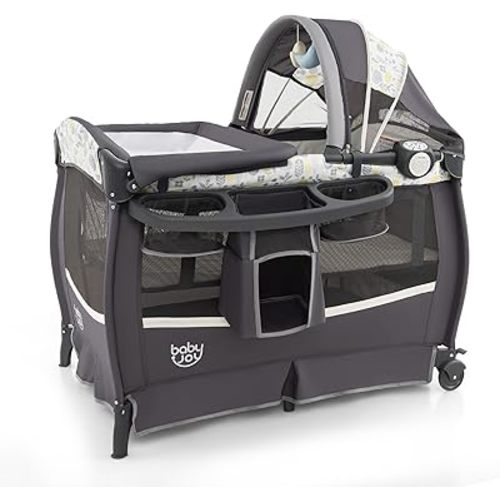 BABY JOY 4 in 1 Pack and Play, Portable Baby Playard with Bassinet & Flip-Away Changing Table, Canopy, Portable Bedside Crib with Storage Basket, Oxford Bag, Infant Bassinet from Newborn to Toddlers