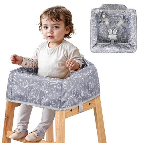 High Chair Cover for Baby Restaurant: Sprouterie Baby High Chair Covers for Restaurant Highchair with Safety Harness Stain and Slip Resistant Waterproof Portable for Outdoor Indoor Eating (Grey)
