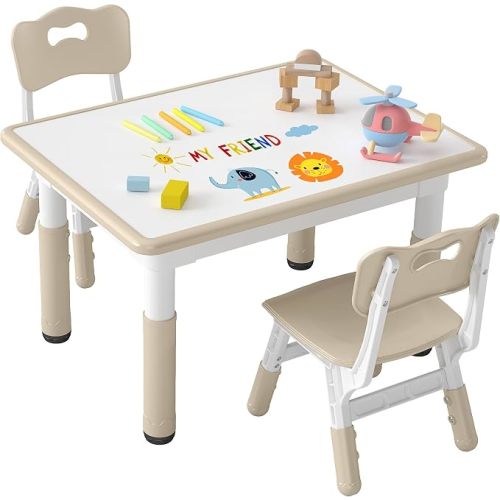 DOREROOM Adjustable Kids Table & 2 Chairs Set, 31.5" L x 23.6" W, Natural | Graffiti Desktop,Table Supports 300 lbs,Toddler Ages 2-8，FSC-certified, Children Activity Table for Daycare, Classroom, Home