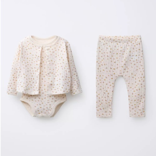 FLORAL PRINT CARDIGAN, BODYSUIT & LEGGING SET - Ecru