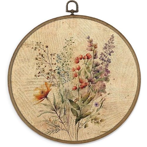 MAQIKA Boho Floral Framed Wall Art Decor, Vintage Floral Wall Art, Retro Wildflower Round Wall Hanging Decor, Framhouse Botanical Canvas Prints Wall Art for Bathroom Nursery Living Room, 10x10 Inch