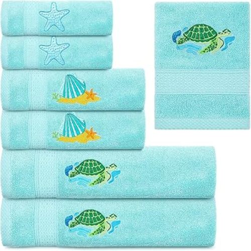 Peryiter 6 Pack Cotton Summer Ocean Bath Towels Set Blue Green Marine Organisms Towels for Bathroom, Soft and Absorbent, Contains 2 Bath Cloth, 2 Hand Cloth and 2 Wash Cloths