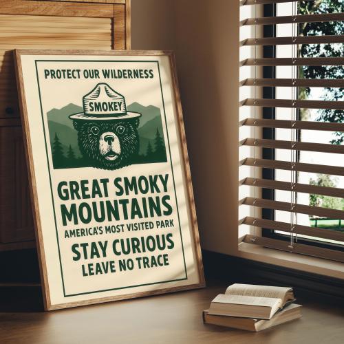 Great Smoky Mountains Smokey Bear Framed Poster – Retro National Park Wall Art, Wilderness Decor, Nature Lover Gift