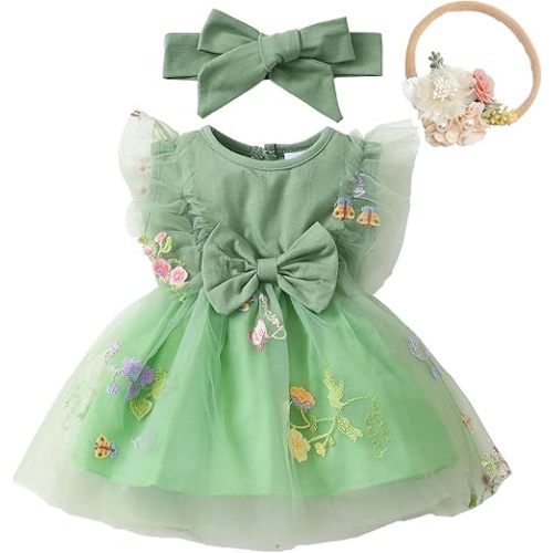 Renotemy Baby Girl Flower Dress Summer, Tutu Tulle Boho Princess Wedding Birthday Party Dresses for Infant Girls 0-18 Months