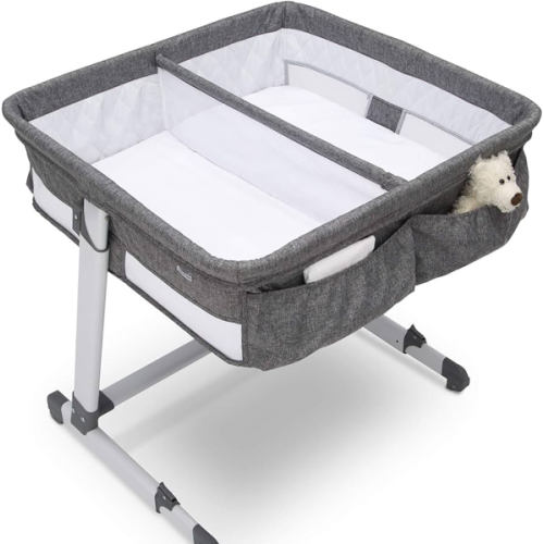Simmons Kids By The Bed City Sleeper Bassinet for Twins - Adjustable Height Portable Crib with Wheels & Airflow Mesh, Grey Tweed