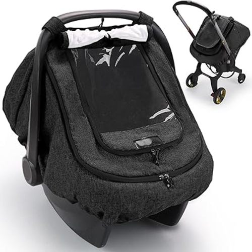 Waterproof Car Seat Cover for Baby, 2-Layer Car Seat Rain Cover with Clear Window & Sunshade & Mesh Cover, Universal Infant Carseat Canopy for Stroller, Protect from Rain and Snow - Black