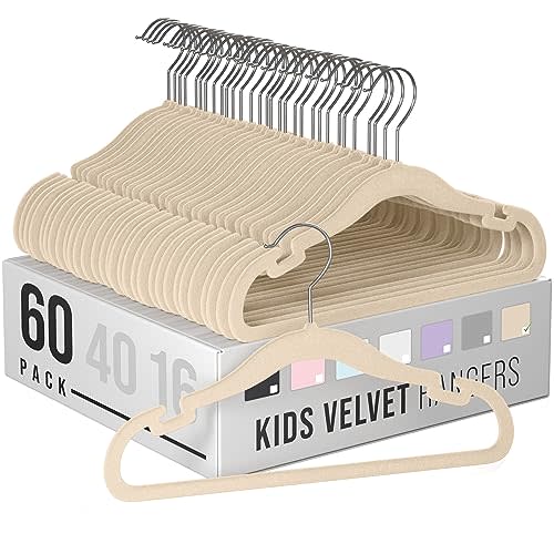 Velvet Baby Hangers for Clothes - Heavy Duty Non Slip Velvet Kids Hangers Or Toddler Hangers for Closet | Ultra Thin Design Kid Hangers for Space Saving - Ganchos De Ropa para Bebe (60 Pack Beige)