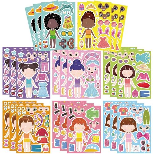 24 Sheets Make a face and Dress Up Stickers for Girls, Make Your Own Stickers for Kids Toddlers, Party Favor, Age 3+ Birthday Gift, Art Craft, Classroom Teacher Reward