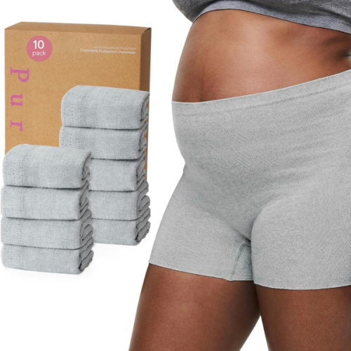 PurComfy 10 Pcs Postpartum Underwear for Women, High Waisted Disposable Boyshort Underwear for Mom Postpartum, Seamless Under Wear for Postpartum Essentials, Waist 28"- 42" Stretched, Grey